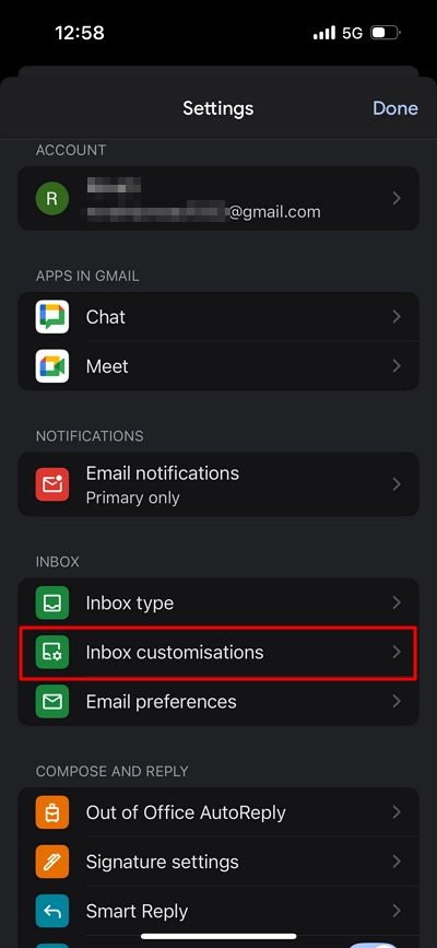 Click on the Inbox customisations option