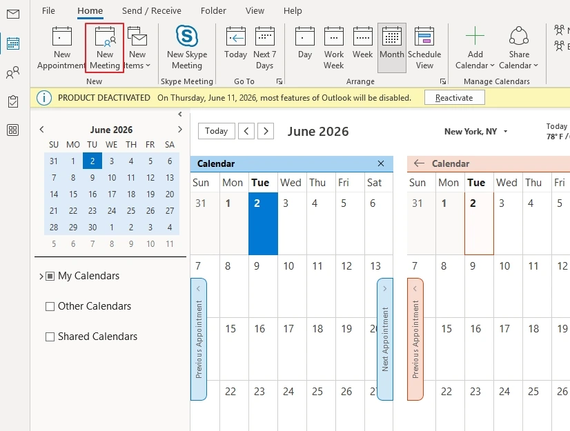 Open Outlook Classic and go to Calendar then Create a New Meeting