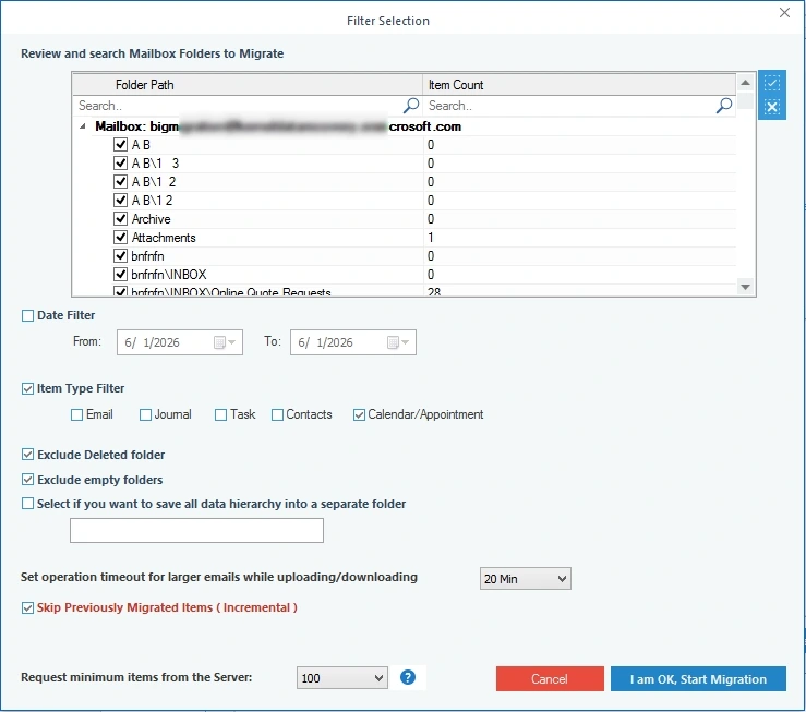 Select only Calendar items and start backup.