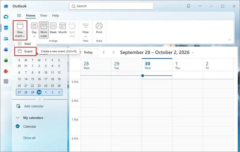 Open new outlook go to calendar then new event then event option
