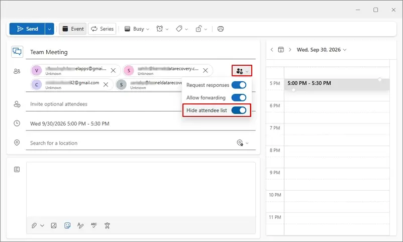 Add invitees, tap response, enable Hide attendee list