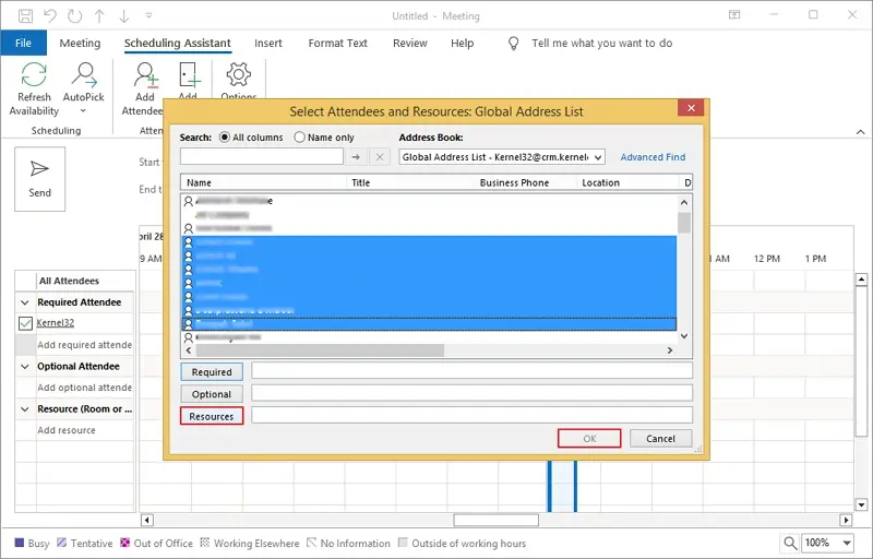 Add participants names then click resources and ok