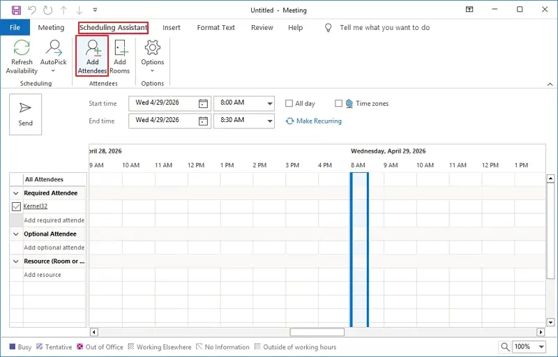 Go to scheduling assistance then click add attendees