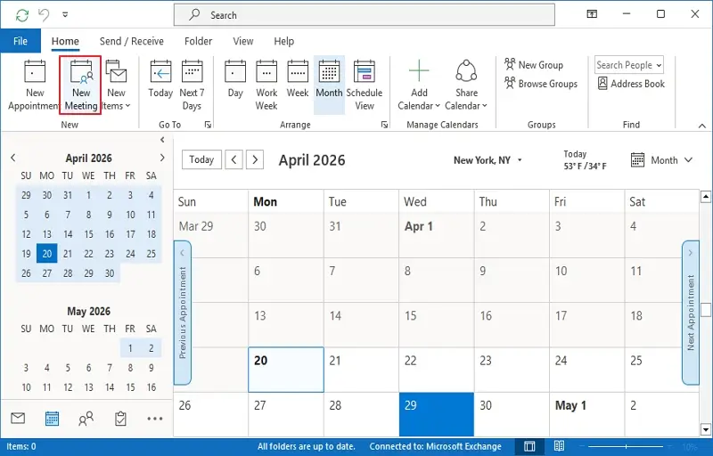 Open classic outlook and click calendar then tap on new meeting