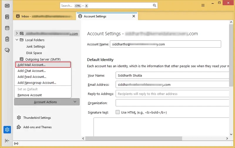 Open Thunderbird Account Settings and click Add Mail Account