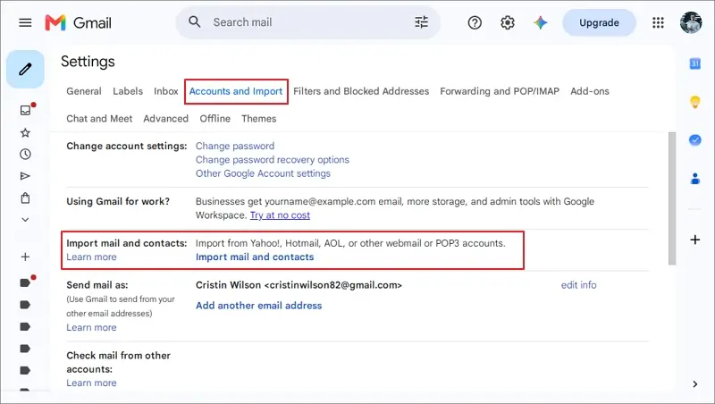 Go to accounts and import then click import mail and contacts