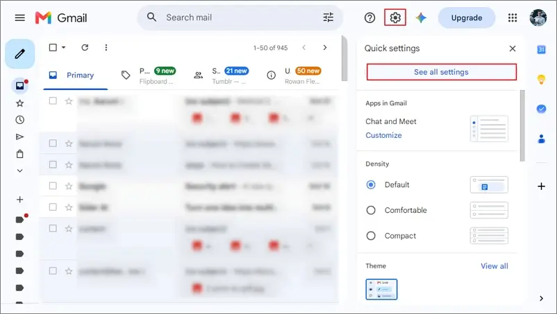 Access gmail then click gear icon and click on see all settings