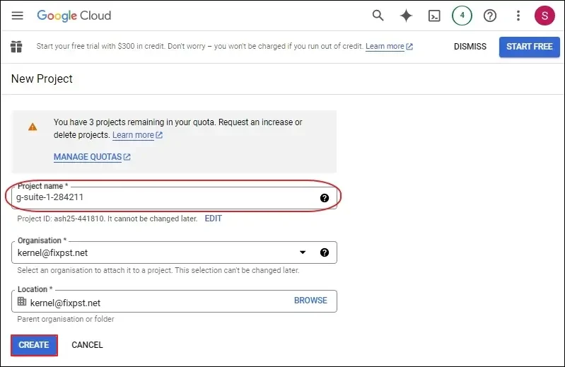 Type a unique Project name