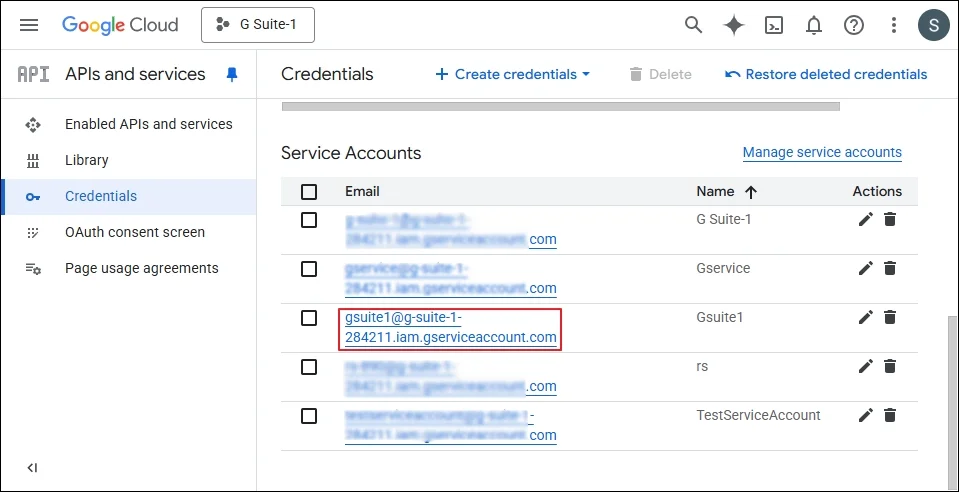 The new service account email address is created