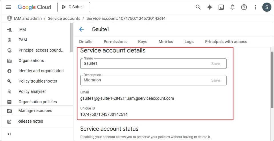 copy the Service Account Email address