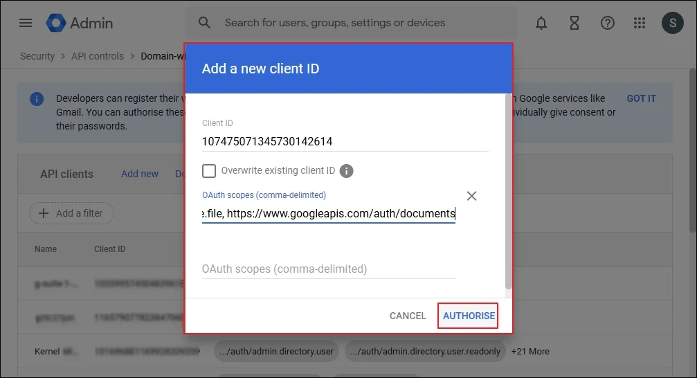 click on Authorise